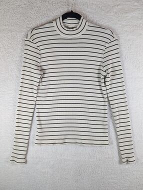 Uniqlo White Top with Black Stripes - Ribbed Mock Neck